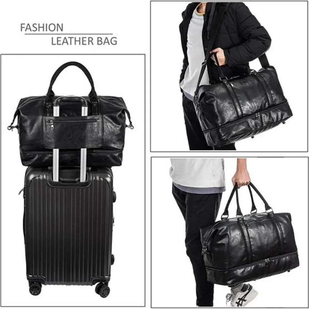 Men's Duffle Leather Travel Bag with Shoe Pouch Black